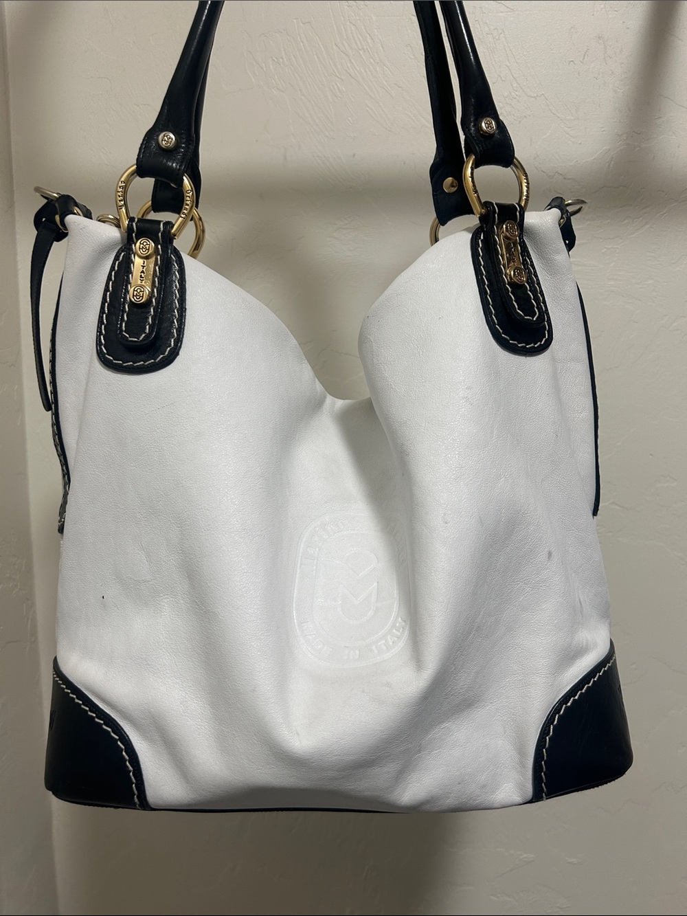 Marino Orlandi White and Black Leather Shoulder Bag with Gold Hardware